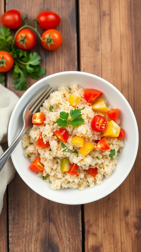 A bowl of fluffy quinoa with bell peppers and parsley on a wooden table.